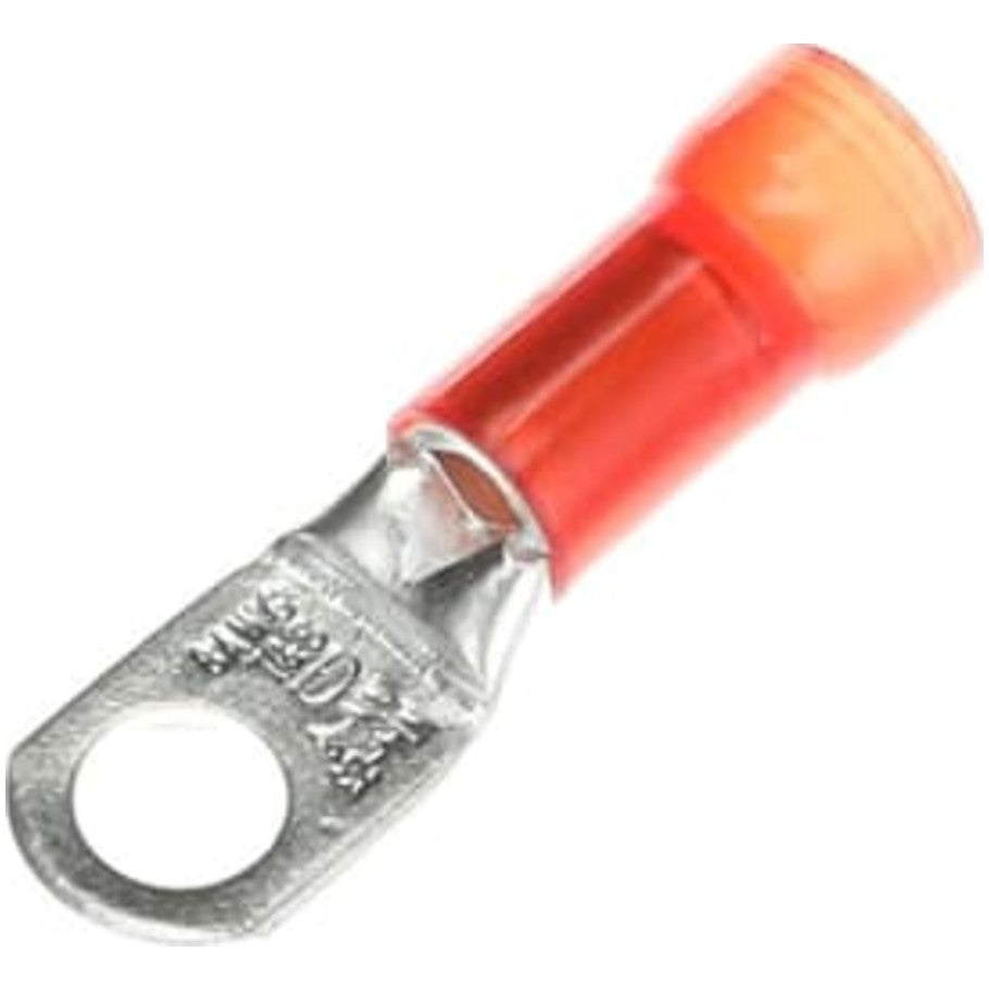 Nylon Insulated Large Ring Terminal, Length 1.48 Inches, Width .42 Inches, Wire Range 8, Color Red, Copper, Tin Plated