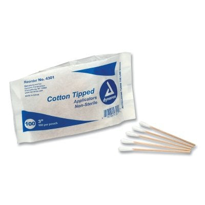 Cotton Tipped Applicator, 3 in, Wood Shaft, 100/Bag