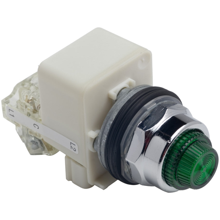 Harmony 30mm Pushbutton Pilot Light, Type K, Illuminated Push-to-Test, 120Vac, Plastic Green Fresnel Cap