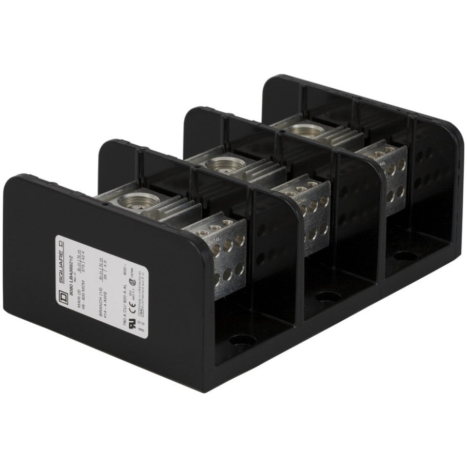 Power distribution block, Linergy, 3 pole, 2 line, 12 load, 760A Cu, 620A Al, 600V