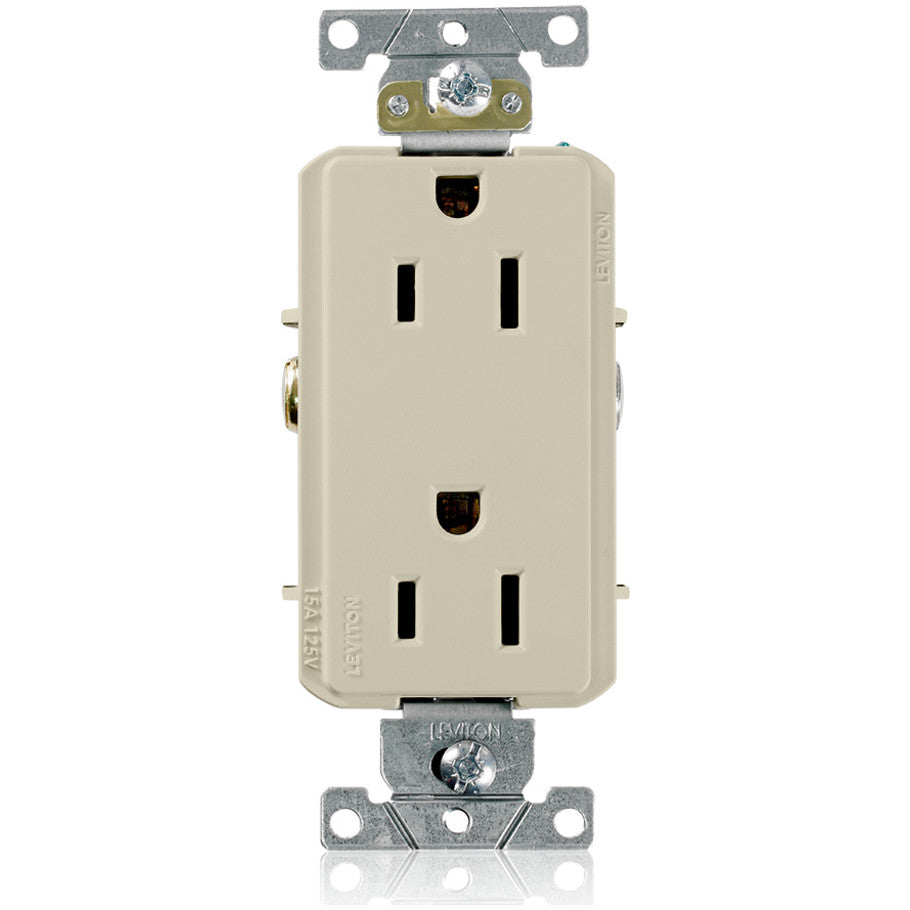 Decora Plus Duplex Receptacle, 15A, 125V, 2P3W, Thermoplastic, Self-Grounding, Back and Side-Wired, Ivory