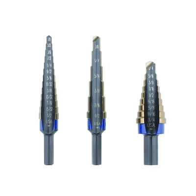 Cobalt Step Drill Sets, 1/8 in to 3/4 in Cutting Dia