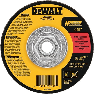 High Performance Cutting Wheel, Type 1, 4-1/2 in dia x 0.045 in Thick x 5/8 in-11 Arbor, 60 Grit, Aluminum Oxide
