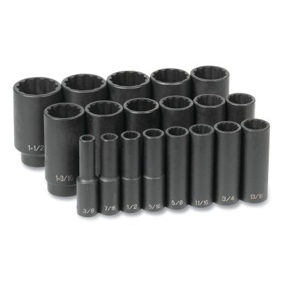 Impact Socket Set, 1/2 in Dr, SAE, 12-point, 3/8 in to 1-1/2 in, 19-Pc Deep Length