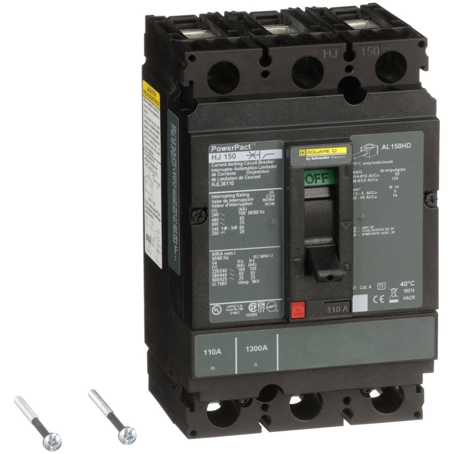 PowerPact Molded Case Circuit Breaker, 110A, 3-Pole, 25 kA, 600V ac, Thermal Magnetic, 6.4 H x 4.12 W x 4.36 D in.