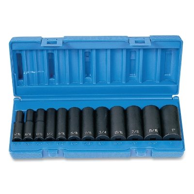 Impact Socket Set, 3/8 in Dr, SAE, 12-point, 5/16 in to 1 in, 12-Pc Deep Length