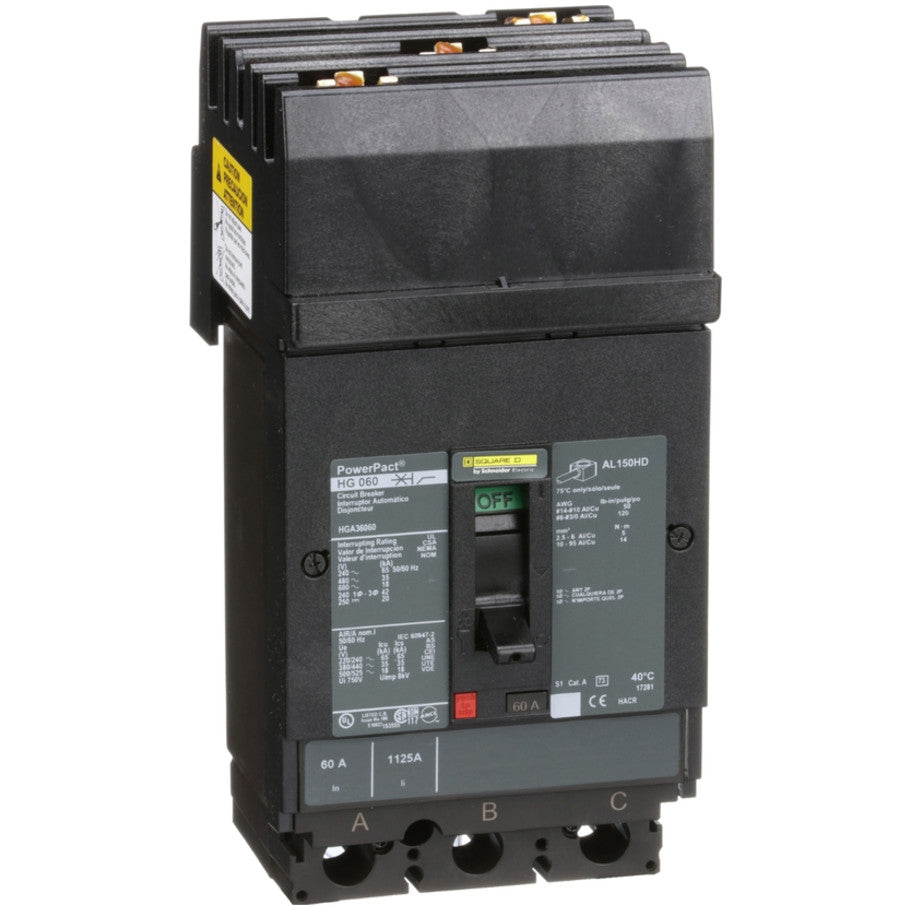 PowerPact Molded Case Circuit Breaker, I-Line Mount, H-Frame, Thermal Magnetic, 3-Pole, 600V, 18kA, 60A