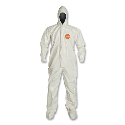 Tychem 4000 Coverall, Attached Hood and Sock, Elastic Wrists, Zipper, Storm Flap, White, X-Large