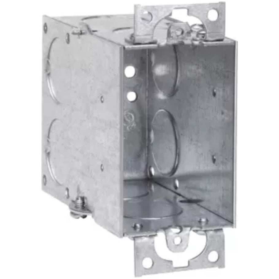 Steel Switch Box, 3x2, Gangable, Conduit, 3-1/2 in. D, (8) 3/4 in. Side KO, (1) 1/2 in. Bottom KO, Mounting Ears
