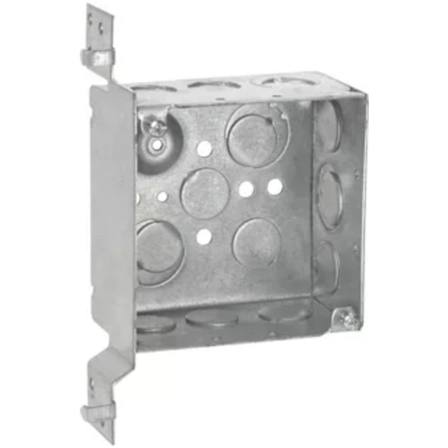 4 Square Box, Steel, Welded, 2-1/8 in. D, (6) 1/2   (3) 1/2 3/4 in. E Side KO, (2) 1/2   (2) 1/2 3/4 in. E Bottom KO, VP Bracket