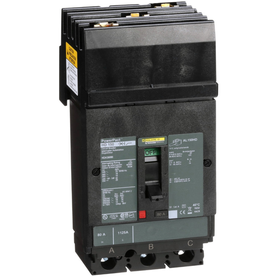 PowerPact Molded Case Circuit Breaker, I-Line Mount, H-Frame, Thermal Magnetic, 3-Pole, 600V, 14kA, 80A