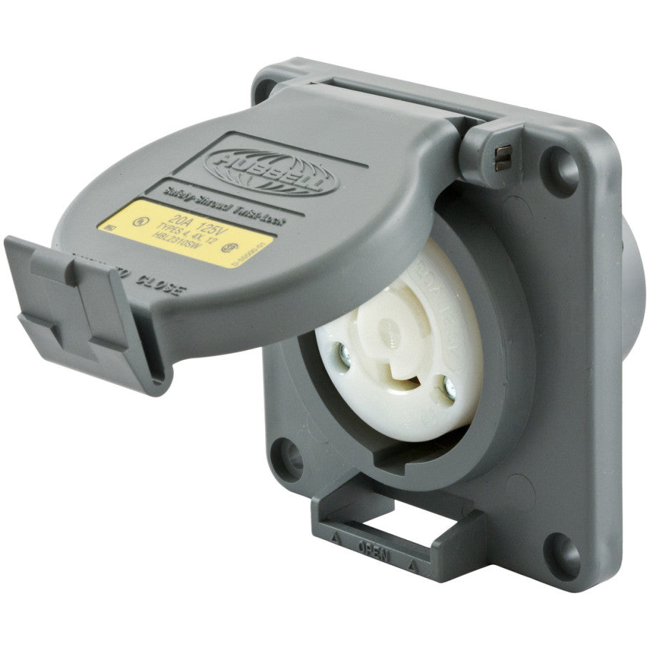 Locking Devices, Twist-Lock, Watertight Safety-Shroud, Receptacle, 20A 125V AC, 2-Pole 3-Wire Grounding, NEMA L5-20R, Gray.