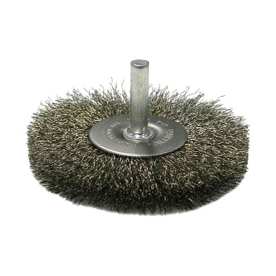 Stem-Mounted Crimped Wire Wheel, 2 in dia, 3/8 in W, 0.0140 in Bristle dia, Stainless Steel, 20000 RPM