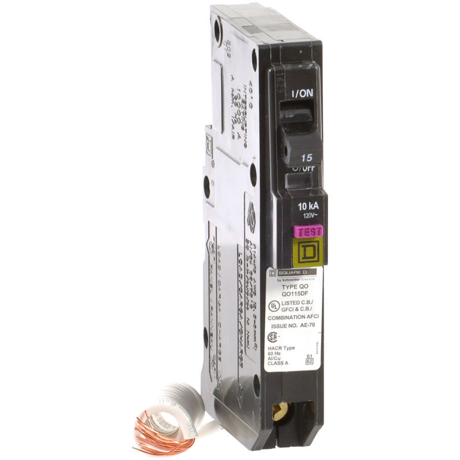 Mini circuit breaker, QO, 15A, 1 pole, 120VAC, 10kA, plug in, dual function, pigtail  TAA
