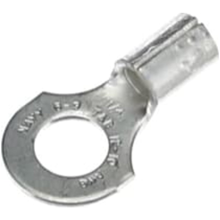 Non-Insulated Ring Terminal, Length .91 Inches, Width .50 Inches, Bolt Hole 1/4 Inch, Wire Range  12- 10 AWG, Copper, Tin Plated