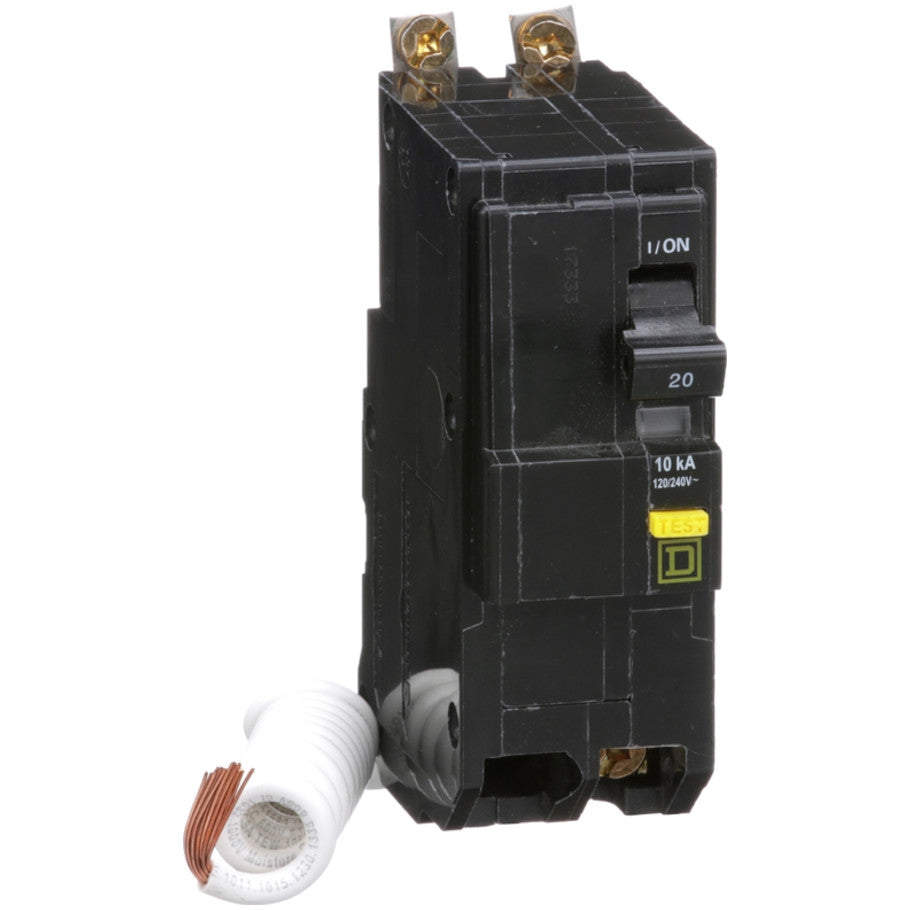 Mini circuit breaker, QO, 20A, 2 pole, 120/240VAC, 10kA, bolt on, 6mA grd fault A, pigtail  TAA