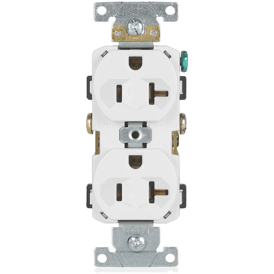 Straight Blade Duplex Receptacle, Narrow Body, 20A, 125V, 2P3W, NEMA 5-20R, Self-Grounding, Back and Side Wired, White