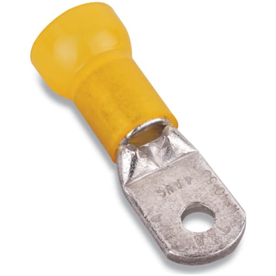 Nylon Insulated Large Ring Terminal, Length 1.76 Inches, Width .56 Inches, Wire Range 4, Color Yellow, Copper