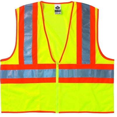 GloWear Safety Vest, 8229Z, Two-Tone, Class 2, Type R, 1 Pocket, Reflective Strip, Zipper, Economy, Large/X-Large, Lime
