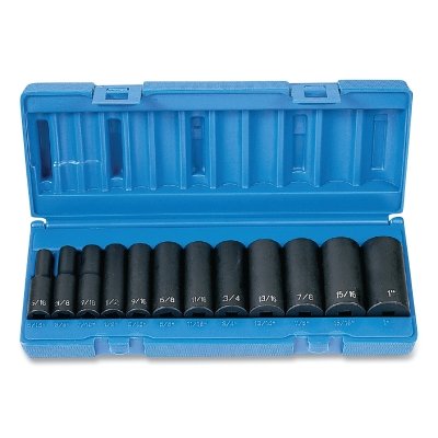 Impact Socket Set, 3/8 in Dr, SAE, 6-point, 5/16 in to 1 in, 12-Pc Deep Length