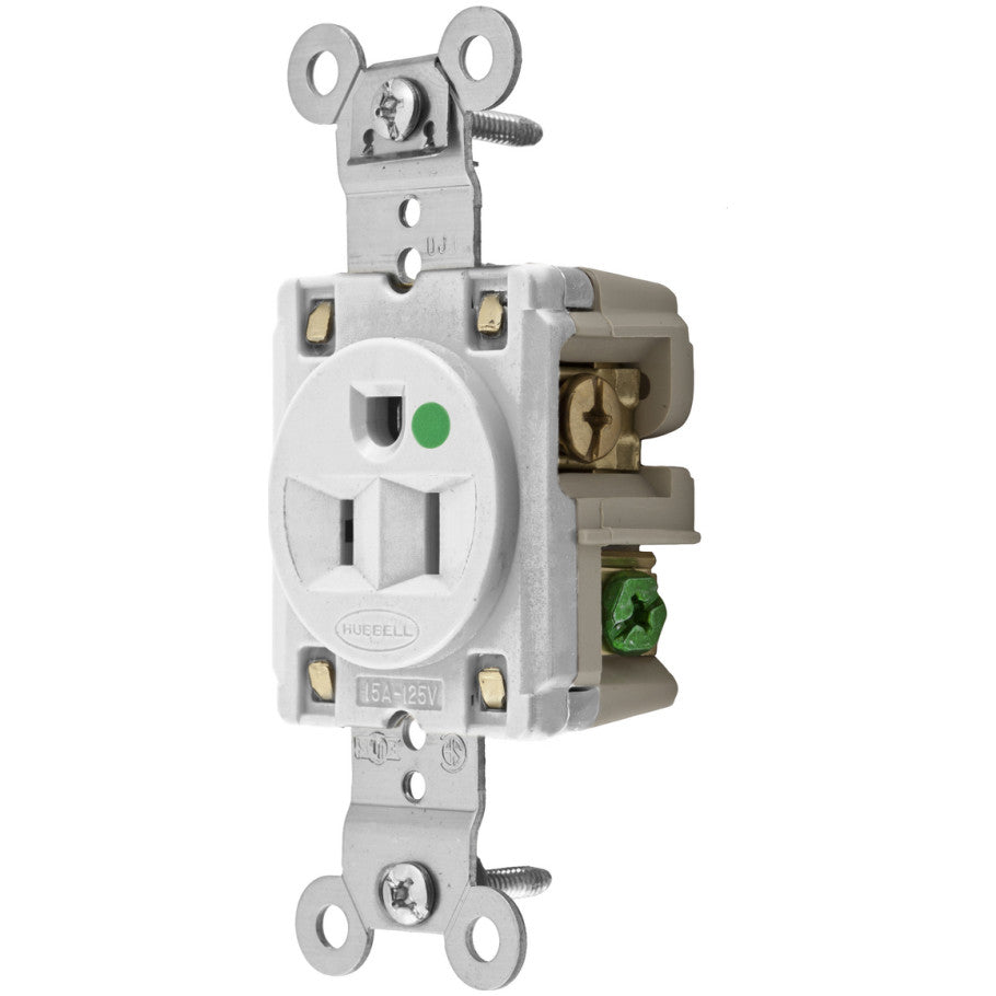 Hospital Grade Series, Single Receptacle, Nylon, 2-Pole, 15A, 125V, 3-Wire, 14 to 10 AWG, White, 3.28 L x 1.63 W x 1.19 in. H