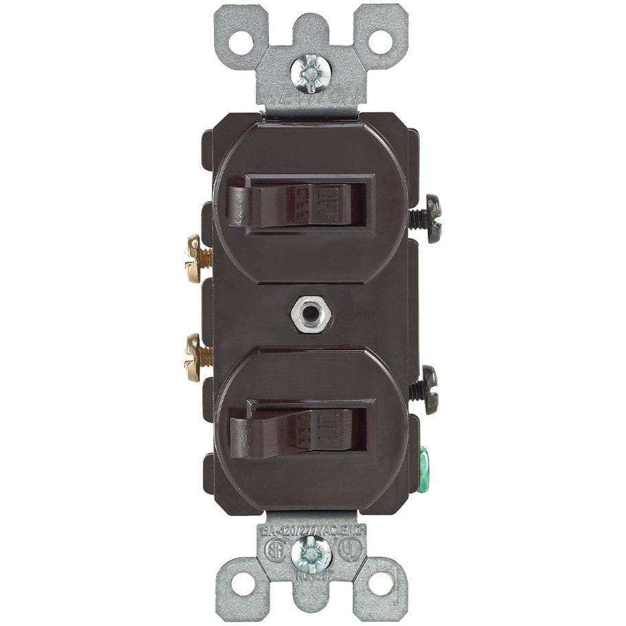 Duplex Style Single Pole/Single Pole AC Combination Switch With Ground Screw, Thermoplastic, 15A 120/277V, Brown