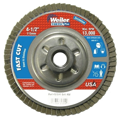 Vortec Pro Abrasive Flap Discs,4.5", 40 Grit, 5/8 Arbor, 13,000 rpm, Alum Back