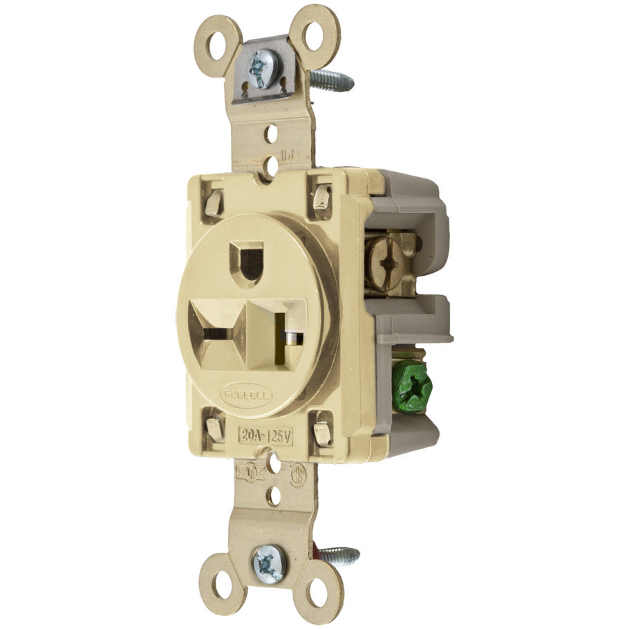 HBL Straight Blade Receptacle, Single, Extra Heavy Duty, 20A ,250V, 2P3W, Ivory