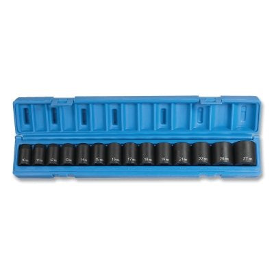 Impact Socket Set, 1/2 in Dr, Metric, 6-point, 10 mm to 27 mm, 14-Pc STD Length