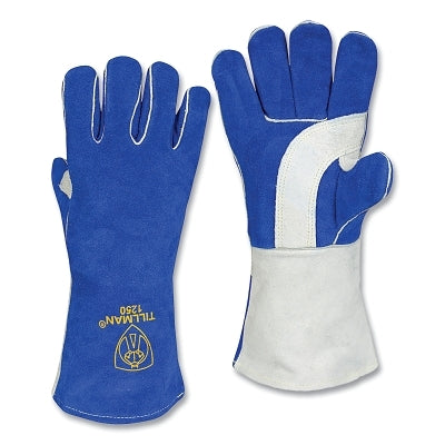 Stick Welding Gloves, 1250, Premium Side Split Cowhide Palm/BOH/Cuff, Med, Blue/Pearl, 14 in L Cuff