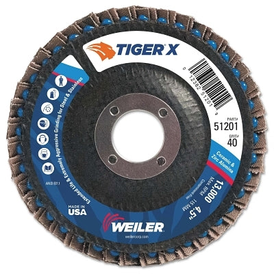 Tiger X Flap Disc, 4-1/2 in dia, 40 Grit, 7/8 in Arbor, 13000 rpm, Type 29