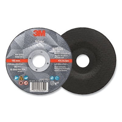 3M 051125-87659 Silver Cut-Off Wheel, Precision Shaped Ceramic, 4.5 in dia, 0.875 in arbor, 36 Grit, Center Hole Mounting