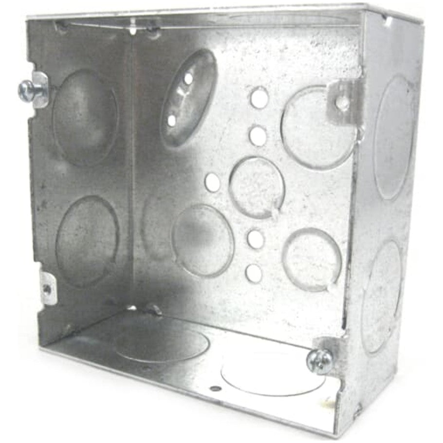 4-11/16 in. Square Box, Steel, Welded, 2-1/8 in. D, (8) 1 in. Side KO, (3) 1/2   (2) 3/4 in. Bottom KO