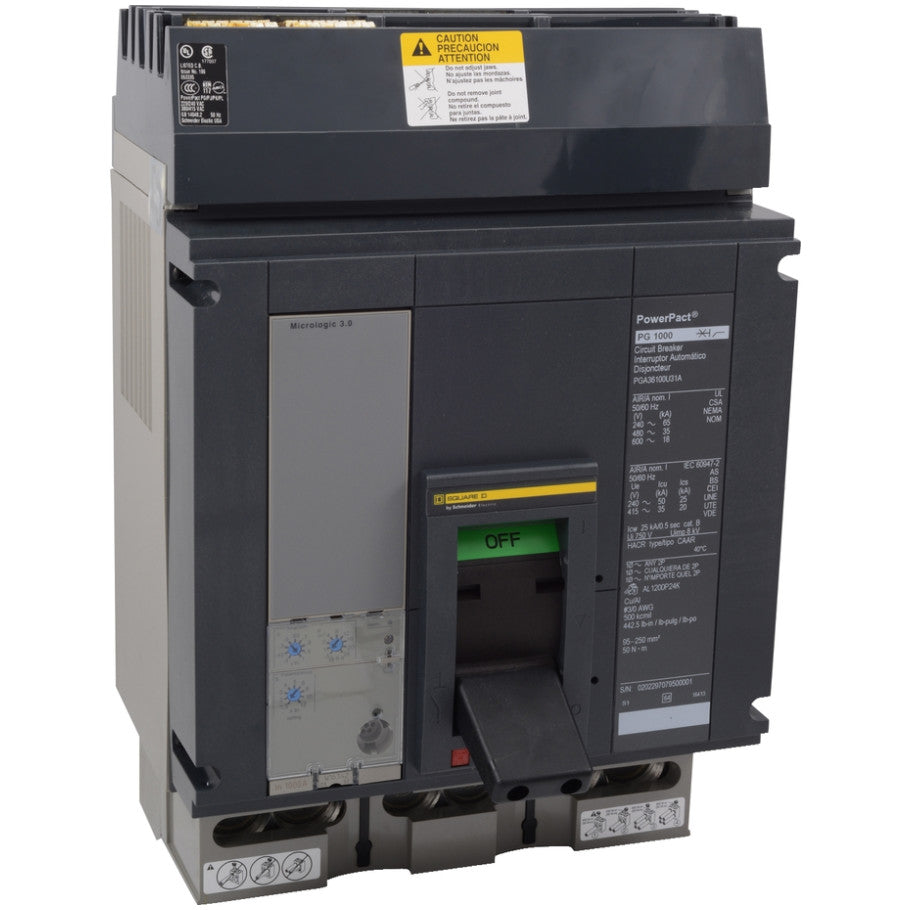 PowerPact Molded Case Circuit Breaker, 1200A, 3-Pole, 25 kA, 600V ac, Micrologic 3.0, 16.16 H x 8.27 W x 8.05 D in.