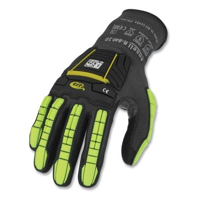 R840 Light-Duty Palm Coated/TPR Impact Protection Gloves, Size 10, Black/Green-Yellow