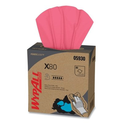 X80 Heavy-Duty Cloth, Red, 8.34 in W x 16.8 in L, 80 Sheets/BX, Pop-Up Box