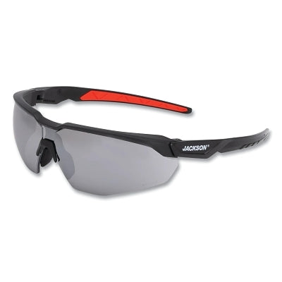 Hyperguard Safety Glasses, Mirror, Polycarbonate, Hard Coated, Black Half Frame, Red Temple