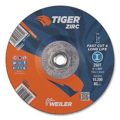 Tiger Zirc Cutting Wheel, 6 in dia, 0.045 in Thick, 5/8 in-11 UNC Arbor, Zirconia Alumina, Type 27, Z60T