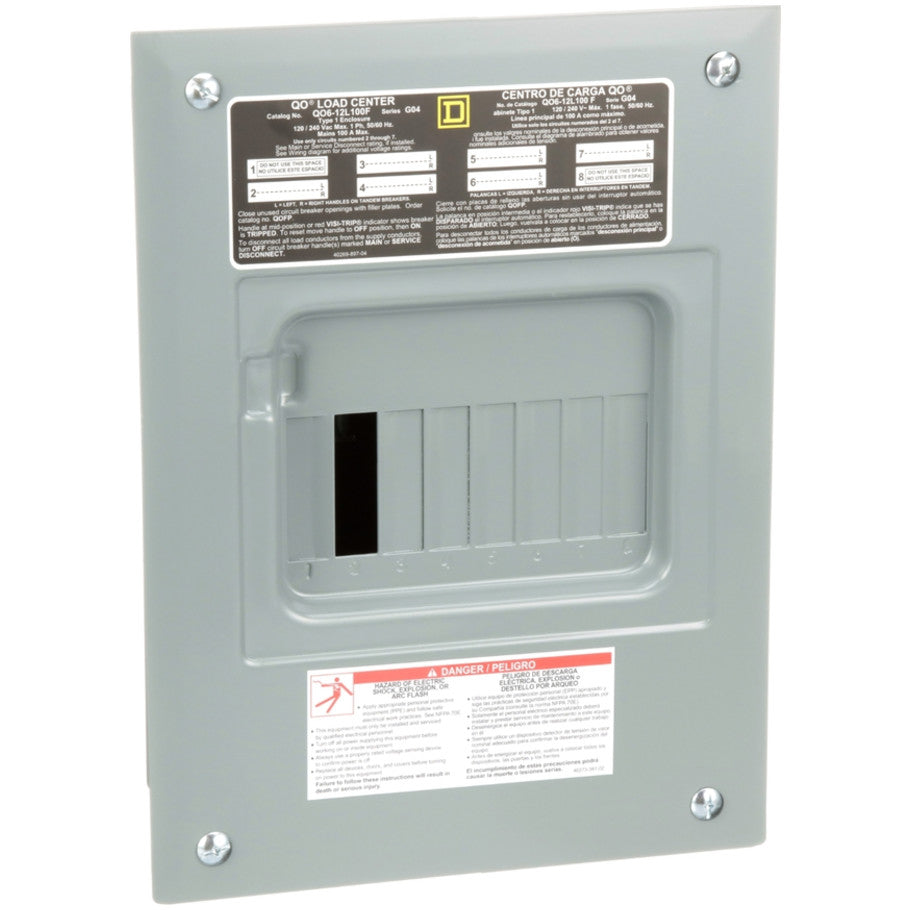 Load center, QO, 1 phase, 6 spaces, 12 circuits, 100A fixed main lugs, NEMA1, flush cover