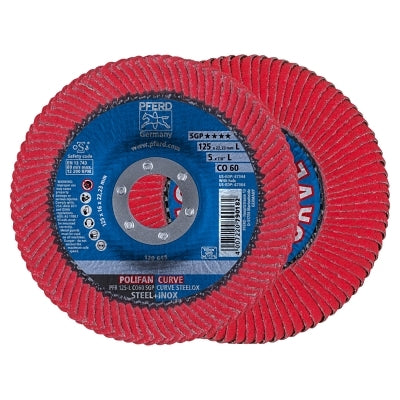 Polifan Curve Flap Wheels, 5 in Diam, 5/8 in Thickness, 60 Grit, 12,200 rpm