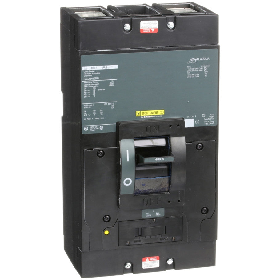 Circuit breaker, LA, 400A, 2 pole, 600VAC, 22kA, 250VDC, 10kA, lugs, thermal magnetic, short handle