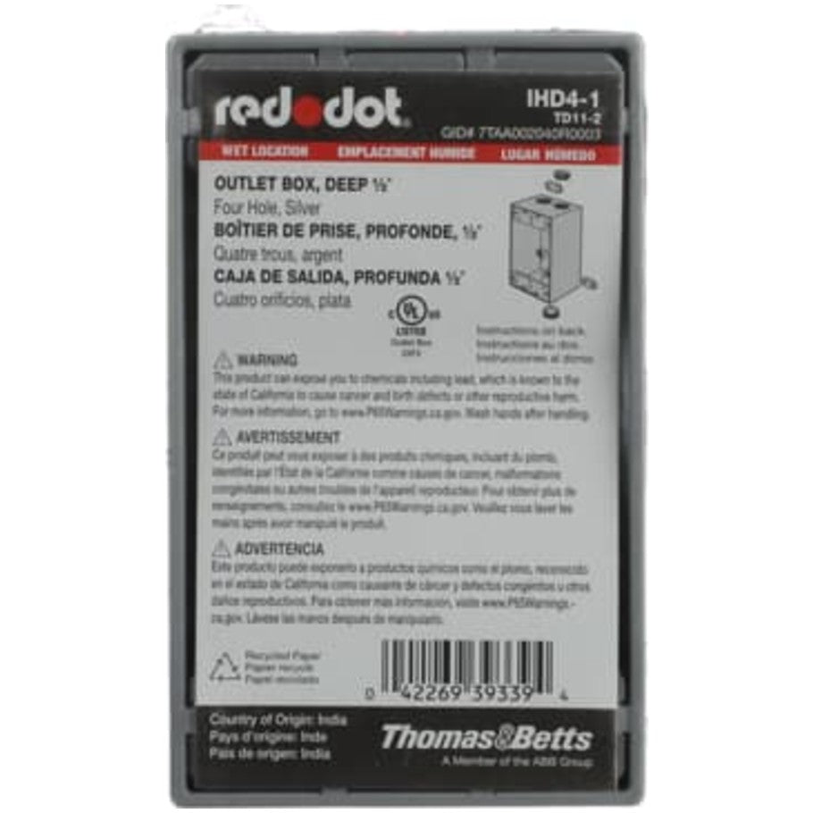 Red-Dot Weatherproof Box, Aluminum Die Cast, (4) 1/2 in. Threaded Hubs, 1-Gang, 2-5/8 in. Deep