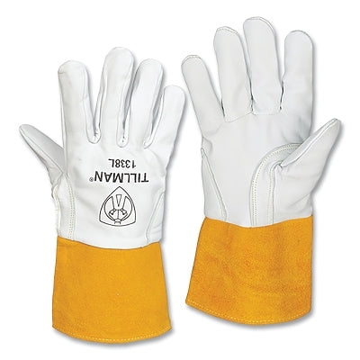 TIG Welding Gloves, 1338, Goatskin Palm/BOH/Split Cowhide Cuff, Med, Pearl/Bourbon Brn, 4 in L Straight Cuff