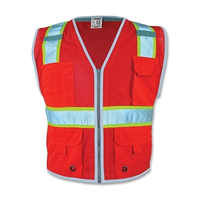 Premium BRILLIANT SERIES Vest, 1710 HD Safety, Fluorescent Red/Lime/Reflective, Large, Radio/2-Tier Pencil/5-Pockets