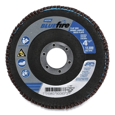 Bluefire R860 Flap Disc, 4-1/2 in dia, 60 Grit, 7/8 in Arbor, 13300 RPM, Type 27 Flat
