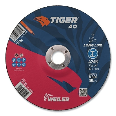 Tiger AO Grinding Wheel, 7 in dia x 1/4 in Thick, 7/8 in Arbor, A24R, Type 27