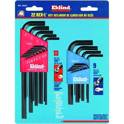 Hex-L Key Set, 22 per card, Hex Tip, Inch/Metric, Short and Long Arms