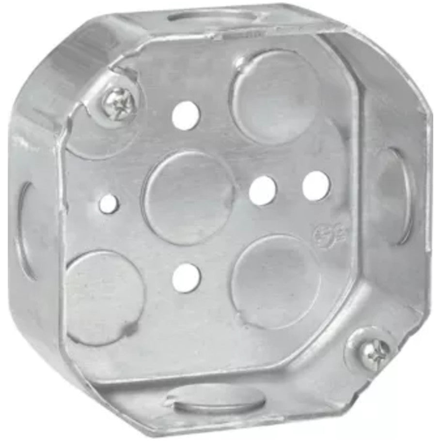 Octagon 4 in. Dia. Outlet Box, Steel, Fixture Rated, 1-1/2 in. D, (4) 1/2 in. Side KO, (5) 1/2 in. Bottom KO