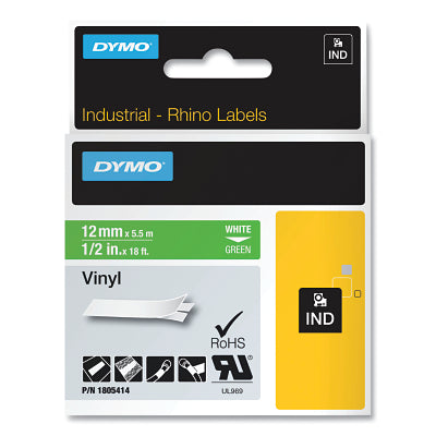 Industrial Rhino Vinyl Label Cartridge, 1/2 in W x 18 ft L, White Print on Green Background