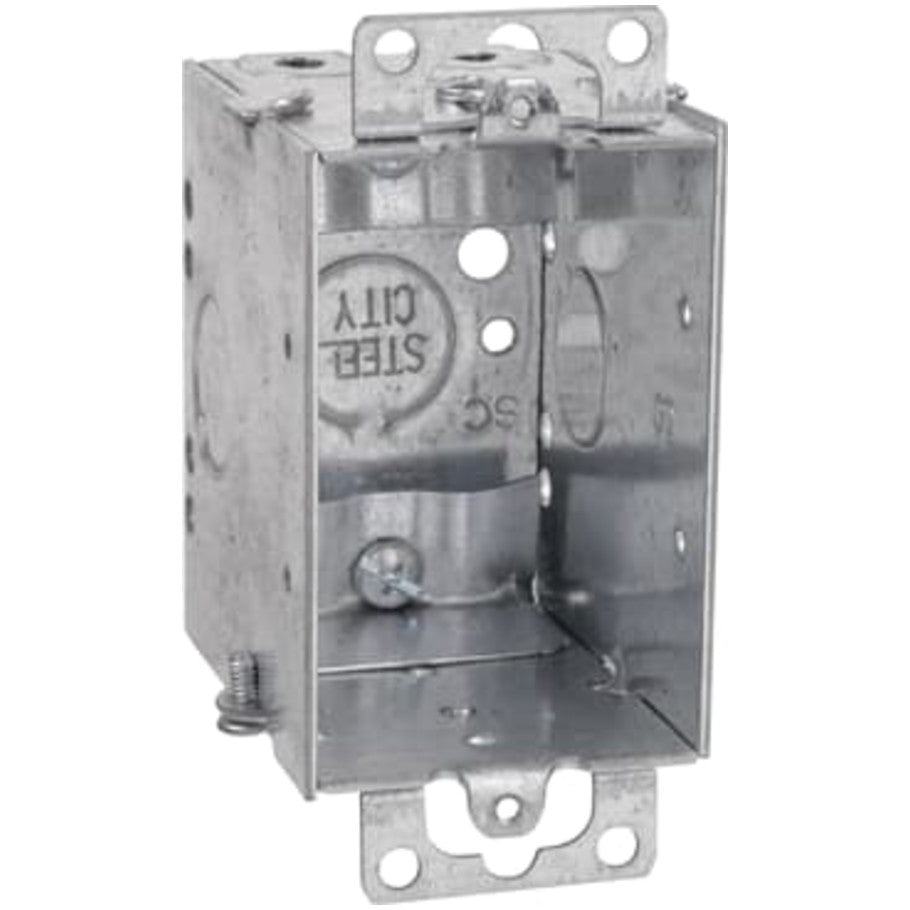 3x2 Switch Box, Gangable, Steel, 2-3/4 in. D, (2) 1/2 in. Side KO, (1) 1/2 in. Bottom KO, Mounting Ears, (2) C-5 Clamps